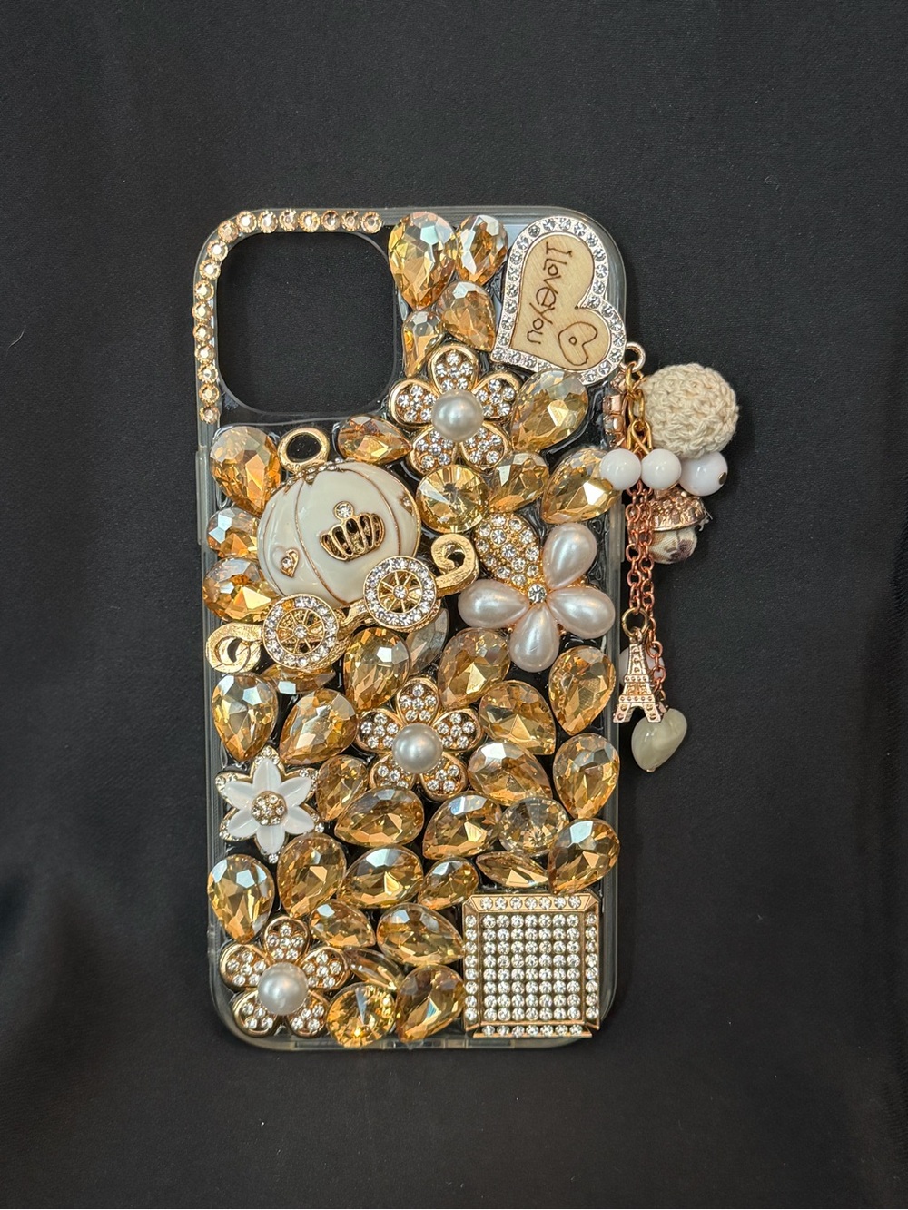 Gold Crystal Floral Phone Case with Charm - Bling Protective Cover